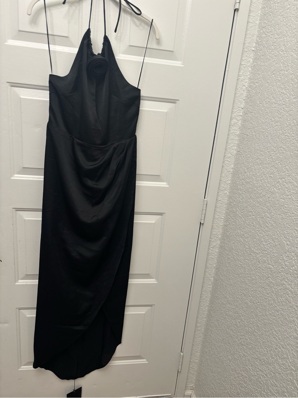 Astr Black Halter-Back Satin Evening Dress with Rosette